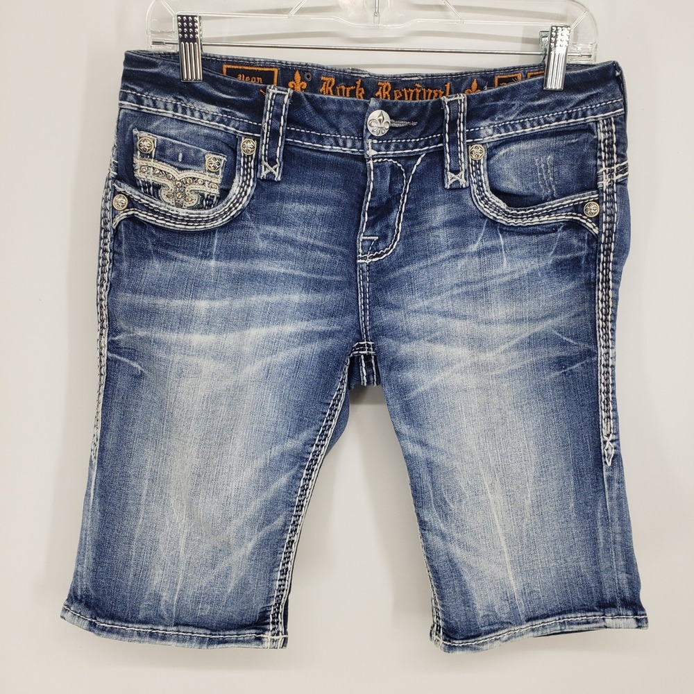 Rock Revival Embellished Fleur De Lis Bermuda Jean Shorts Women 28 Blue Denim